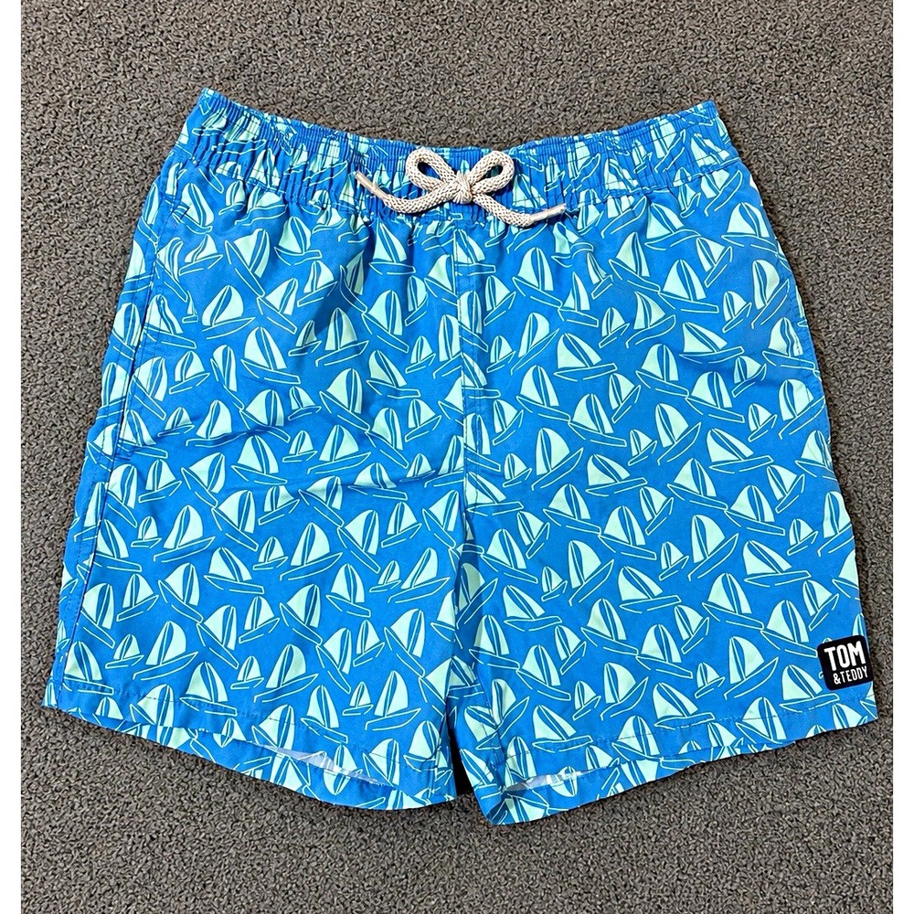 Tom & Teddy Boys 9/10 Blue Sailboat Swim Trunks Mesh Lined Quick Dry